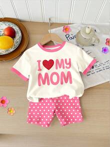SHEIN Bộ đồ thể thao nữ dễ thương gồm áo thun ngắn tay cổ tròn dáng rộng thoải mái in chữ và quần short bó sát, thích hợp mặc hàng ngày vào mùa xuân/hè, phong cách đường phố, ở nhà hoặc đi nghỉ mát. - Nhiều màu - Xem 3
