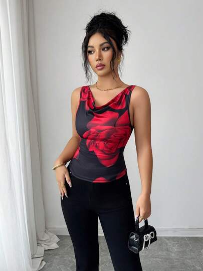 Elenzga Elegante Regata Feminina com Estampa Floral, Decote Drapeado e Detalhe de Babado, Adequada para Uso Casual Diário, Dia dos Namorados, Casamentos, Estampa Floral Vermelha Fashionista