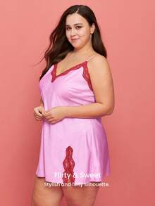 LUVLETTE Plus Size Sexy Silky Satin Luxurious Lace Trim Pink V-Neck Strappy Camisole Loungewear Slip Dress Airy Nightdress Lingerie Valentine's Day Gifts - Pink - View 8