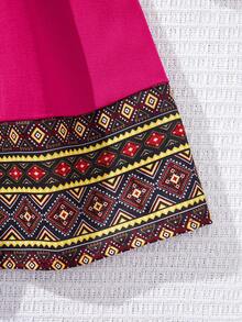 SHEIN Babygirl Cute Fuchsia Geometric Pattern Long Sleeve Dress, Spring/Summer - Hot Pink - View 5