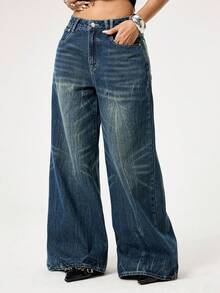 ROMWE Grunge Punk Y2K朋克风做旧蝴蝶刺绣复古水洗宽松阔腿裤 - 藍色 - 查看 4