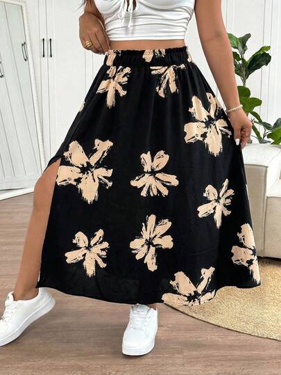 SHEIN Frenchy Plus Size Casual Vacation Style Floral Print A-Line Split Hem Skirt Long Floral Skirt Flower Skirt Skirt Midi Floral Print Skirt Midi Skirt Spring/Summer Outfit Dress Casual Dress For Women Elegant Flower Dress For Beach Vacation