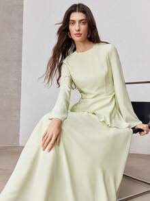 ZEYLAH Bell Sleeve Fitted Waist Flared Dress, Spring - Olive Green - View 7