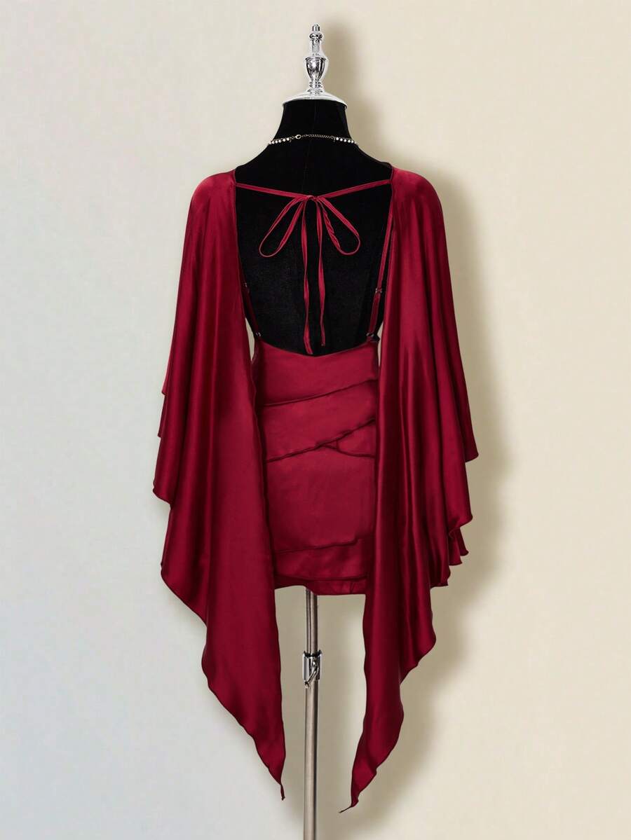 SHEIN ICON 女士缎面露背荷叶边修身迷你连衣裙，配腰带披肩 - 酒紅色 - 查看 1