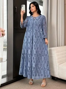 Modelyn Plus Size Women Floral Mesh Robe And Camisole Dress Elegant 2 Pieces Set Modest Dress - Blue - View 3
