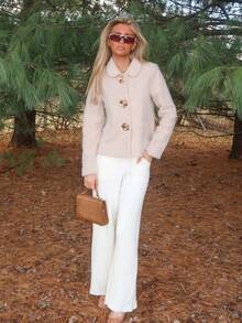 Sydney Algeri Stylish Women's Short Khaki Teddy Coat With Regular Sleeves Collar And Unique Gold Button Fastening - Khaki - View 5