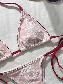 Swim Mod Women's Spring/Summer Jacquard Fabric Halter Floral Trim Bikini Set - Pink - View 3