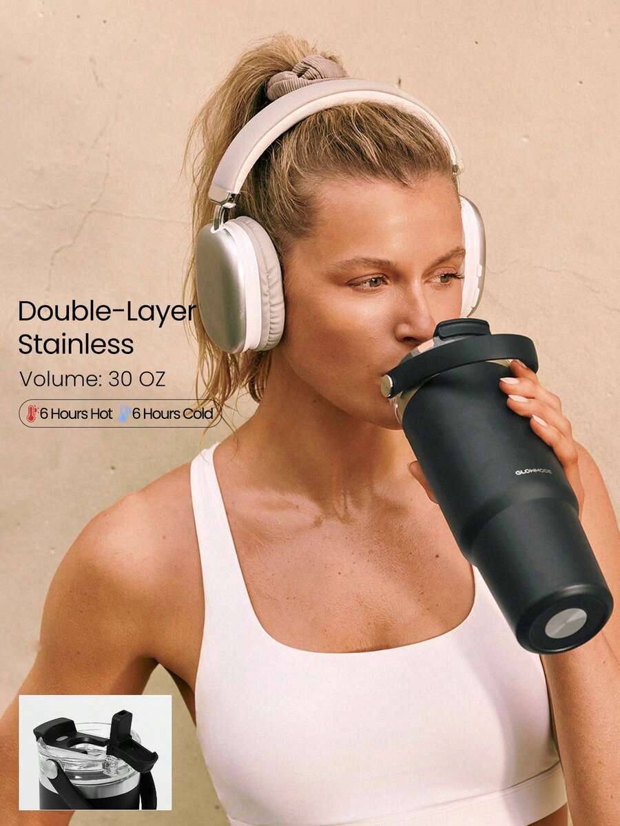 GLOWMODE 30盎司易吸管不锈钢双层隔热防刮翻盖吸管便携提手饮料杯，适合健身房、工作室、旅行、徒步、办公室、户外活动、日常休闲等场合。 - 黑色 - 查看 1