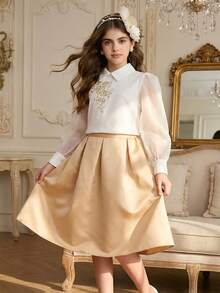 SHEIN Girl's Elegant Formal Clothing Set,Long-Sleeved White Shirt & Apricot Half-Length Skirt,Spring Autumn Wedding Party Mixed Dress Set For Children - Multicolor - View 9