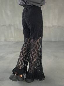 FRIFUL Quần dài nữ cạp chun, ống loe ren toàn thân, viền bèo nhún, thích hợp mặc mùa hè. - màu đen - Xem 6