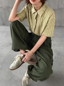 FRIFUL 女士纯色纹理短袖休闲T恤 夏季 - 黃色 - 查看 2