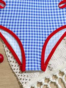1pc Young Girls Blue & White Plaid Print With Red Trim One-Piece Swimsuit Summer Swimsuit Checkered Bathing Suit Kids Girls Checkered Swimsuit Girls Cherry Swimsuit Beachwear Kids One Piece Girls One Piece Swimsuit Blue Checkered Swimsuit Children One Piece Bathing Suit Girl Swimwear Kids Swimwear Girl One Piece Checkered Blue Red Swimsuit - Multicolor - View 6