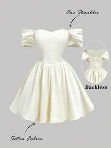 SHEIN MOD Đầm trễ vai màu mơ dành cho nữ, thích hợp cho các buổi hẹn hò, ngày Valentine. - Màu be - Xem 4