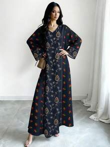 SHEIN Najma 女士花卉叶子刺绣印花V领长袖优雅阿拉伯风格长款连衣裙，春秋季 - 彩色 - 查看 4