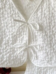 SHEIN 少女休闲白色提花蝴蝶结吊带背心和短裤两件套