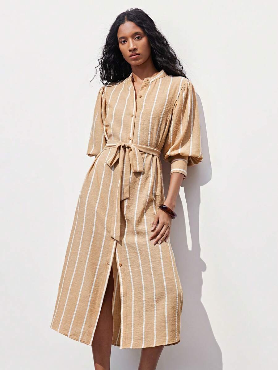 Maija Women's Striped Casual Dress With Single-Breasted Design And Waist Tie, Suitable For Everyday Wear. Striped Fabric, Simple And Practical, Easily Showcases Elegant Elegant And Carefree Charm, An Ideal Choice For Urban Women's Daily Outings - Khaki - View 1