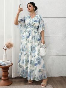 Vestido elegante de mujer talla grande con estampado floral, cintura fruncida y mangas con volantes - Multicolor 2 - Ver 8