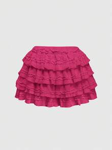 ROMWE Kawaii Summervalentine's DayWhite Y2K Textured Fabric Sweet Cake Hem Patchwork Women's Low Waist Mini Skirt, Versatile For Multiple Occasions, Autumn/Winter - Hot Pink - View 2