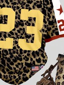 Bordeaux Red & Leopard Print, Retro American College Style Leopard Number 23 Graphic, Loose Fit V-Neck Short Sleeve T-Shirt For Teen Girls, Summer