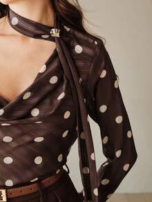 Áo kiểu nữ Anewsta thanh lịch cổ buộc dây, chất liệu satin mềm mại, màu nâu chấm bi cổ điển, tay dài, thích hợp cho mùa xuân/hè. - màu nâu - Xem 1