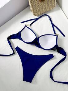 Swim SXY Set bikini a fascia con catena e ferretto, colore unito, da donna - Blu Navy - Visualizzare 3