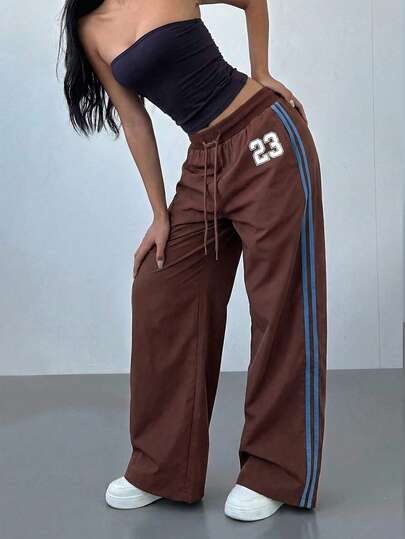 Aloruh Sporty Striped Contrast Print Low Waist Straight Leg Drawstring Women Pants