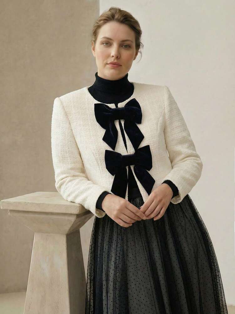 PLUS SIZE TWEED BOW CONTRAST COLOR BOXY SOPHISTICATED ELEGANT JACKET