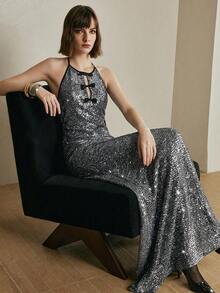 Arave 女士亮片V领露背优雅派对连衣裙 - 黑與白 - 查看 3