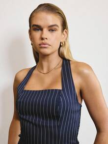 Aralina Women's Elegant Halterneck Stripe Top With Matching Stripe Pants Set Perfect For Christmas Party New Years And Thanksgiving Outfits - Navy Blue - View 9