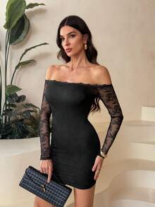 SHEIN Tall 女士性感优雅撞色蕾丝露肩修身迷你连衣裙，适合夜间外出、约会、聚会、秋季婚礼宾客等场合，黑色露肩连衣裙，黑色优雅连衣裙，派对礼服 - 黑色 - 查看 8