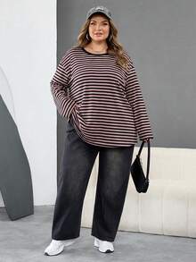 SHEIN CURVE+ 大码休闲落肩宽松条纹T恤，适合秋冬季女性穿着 - 彩色 - 查看 7