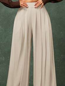 Vixey High Waist Pleated Detail Wide Leg Elegant Pants - Apricot - View 4