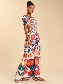 Travachic 女士印花方领镂空休闲度假长袖连衣裙 - 彩色 - 查看 6