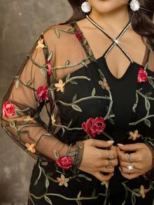 EMERY ROSE Femmes grande taille Veste élégante vintage romantique en mousseline de soie brodée Jalabiya Ramadan à manches longues fine, printemps/été - Noir - Voir 8