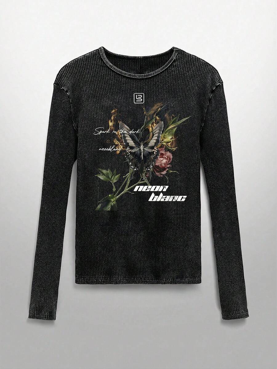 NEON BLANC 男士街头时尚针织圆领字母蝴蝶印花长袖T恤 - 黑色 - 查看 1