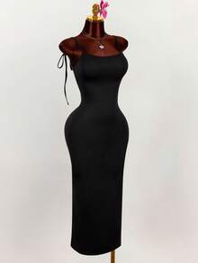 Amplova 宽松领口细肩带蝴蝶结露背褶皱高开衩紧身长裙 - 黑色 - 查看 6