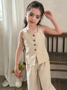 两件套少女前扣吊带背心和长裤休闲套装 - 杏色 - 查看 4