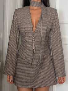 Ronhire Fall/Winter 3pcs Retro Chic Commuter Brown Houndstooth Wool Suit Set: Fitted Blazer + Low-Waist Skirt + Scarf (Includes Shoulder Pads) Tweed Two Piece Set Brown Blazer Women Brown Two Piece Set Women Blazer Skirt Set Skirt Suit - Multicolor - View 3