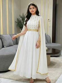 SHEIN Đầm dự tiệc cho thiếu nữ: Dây ruy băng vàng, tua rua, mùa xuân/hè, đi nghỉ mát, viền ren vàng, cổ đứng, họa tiết hoa châu Âu cổ điển, phối màu, màu hồng, áo choàng Ả Rập Trung Đông, đầm dài ngày Quốc khánh - trắng - Xem 3