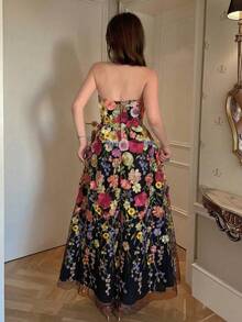 Selianne Đầm nữ dáng ôm eo bằng vải lưới, lãng mạn, thanh lịch, màu tím thêu hoa, kiểu dáng mới nhất mùa Xuân/Hè. - màu đen - Xem 2