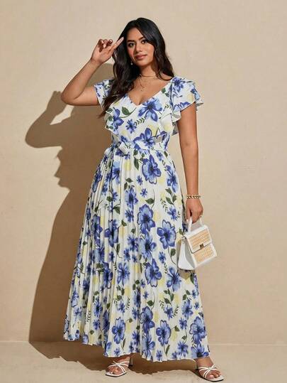 Viva Relle Plus Size Women Floral Print Patchwork Ruffle Hem Elegant Vacation Dress