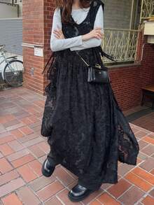 FRIFUL Women's V-Neck Embossed Casual Versatile Sleeveless Dress - Black - View 6