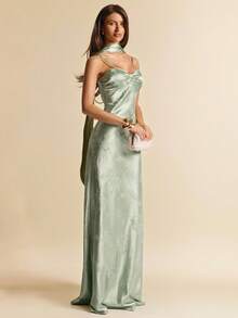 SHEIN BAE Spring & Summer Solid Light Green Halter Maxi Elegant Satin Dress, Graceful Long Dress, Brunch Dress, Wedding Guest Attire, Birthday Mini Dress, Bridesmaid Elegant Mini Dress, Date Dress, Valentine's Day, Tea Party Dress, Brunch Dress, Graceful Dress - Green - View 4