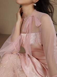 DAZY 春夏蕾丝网纱拼接长袖中长连衣裙，优雅修身，适合情人节、婚礼、派对、宴会等场合。 - 粉色 - 查看 7