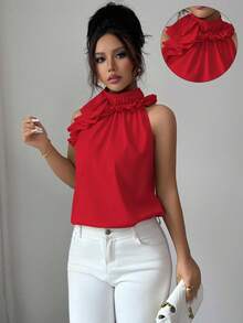 Balvessa Women's Solid Color Ruffle Pleated Halter Neck Blouse, Intellectual And Elegant - Red - View 5