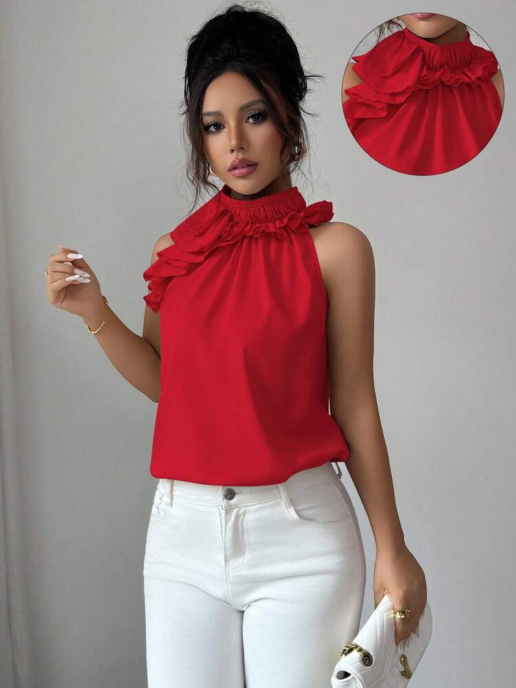 Balvessa Áo kiểu nữ màu trơn xếp ly, cổ yếm, kiểu dáng thanh lịch và trang nhã. - Đỏ - Xem 5