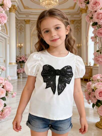 Young Girl's Fashionable Minimalist Black Bow Decor Short Puff Sleeve Blouse
