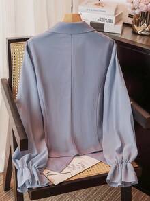 Lacomfia Plus Size Women's Elegant Embroidered Applique Long Sleeve Fitted Shirt With Collar, Suitable For Work - Dusty Blue - View 2