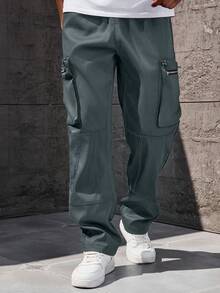 Manfinity Homme Quần dài nam cỡ lớn, màu trơn, dáng rộng, có túi hộp, kiểu dáng thường ngày. - Màu xanh bụi bặm - Xem 4