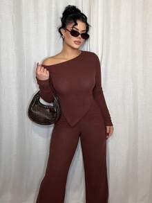 Dayanna Comas Women's Casual Asymmetrical Shoulder Fuzzy T-Shirt + Wide Leg Low Waist Pants 2 Pieces Set, Winter Fall Cloth For Women - Brown - View 4